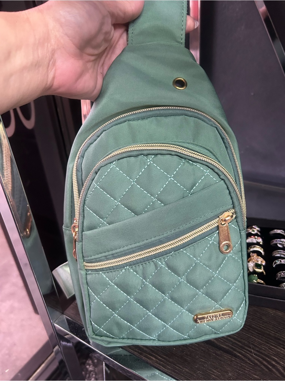 Quilted Green Sling Bag with Gold Hardware